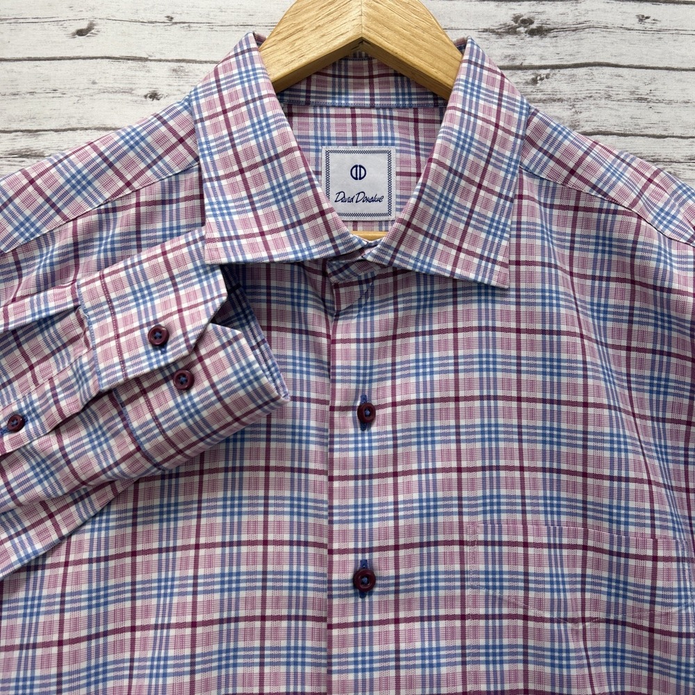David Donahue Long Sleeve Button Up Dress Shirt Men XL Pink Red Blue Check Plaid